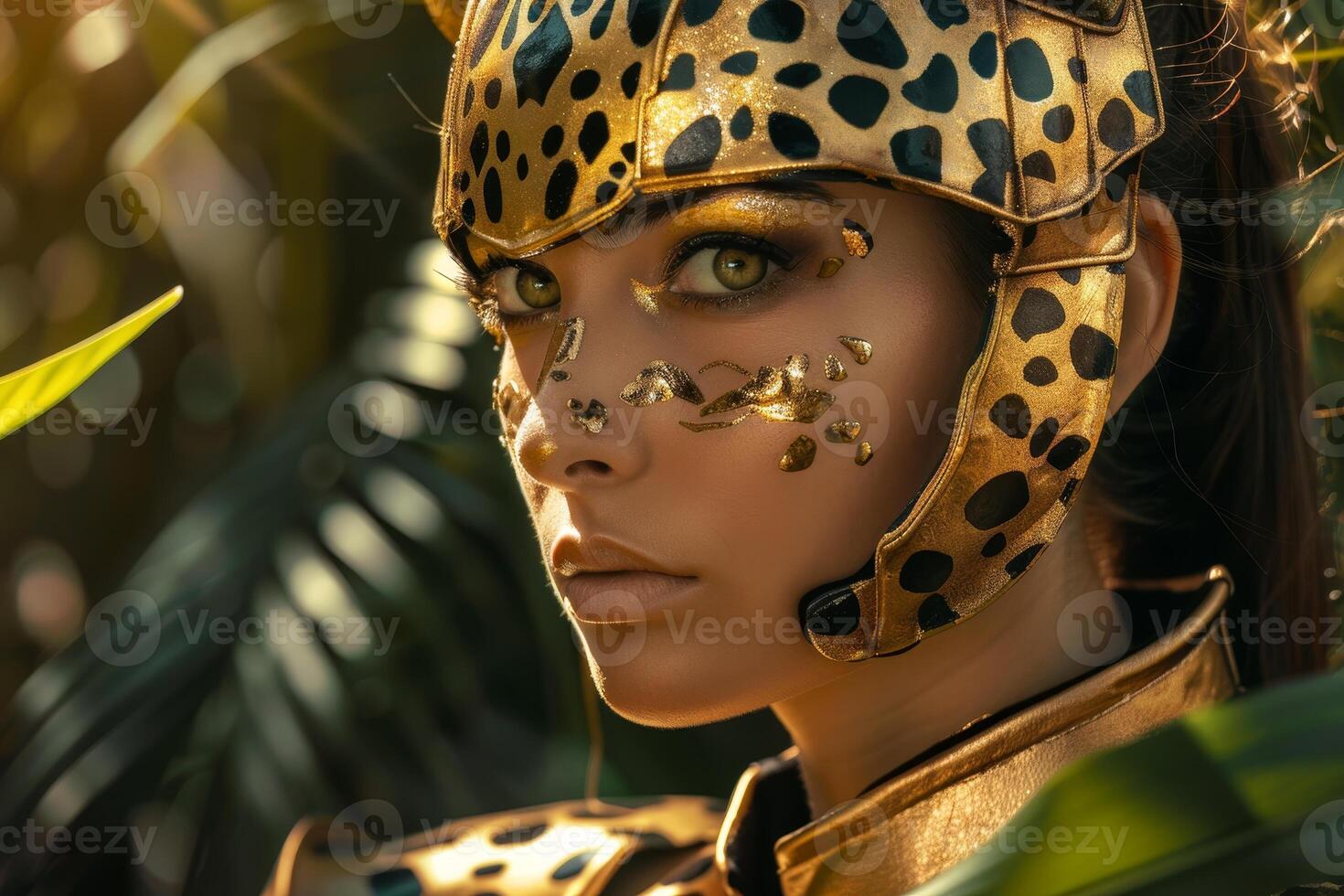 Striking model in golden leopard print costume photo