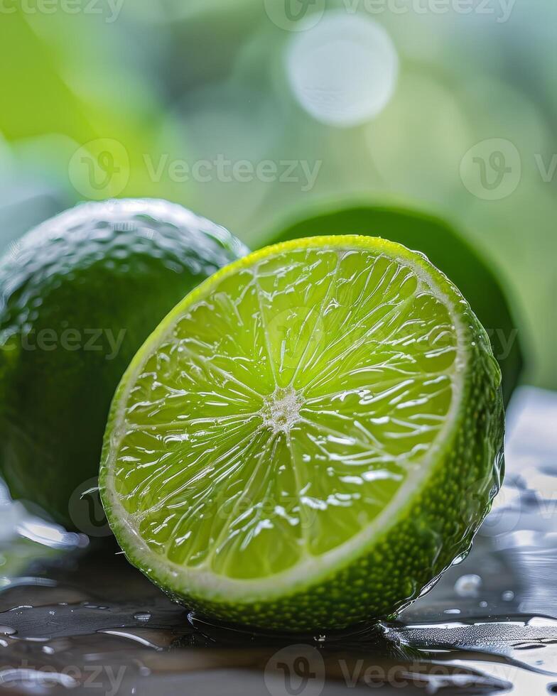 Refreshing Lime Slice on Wet Surface photo
