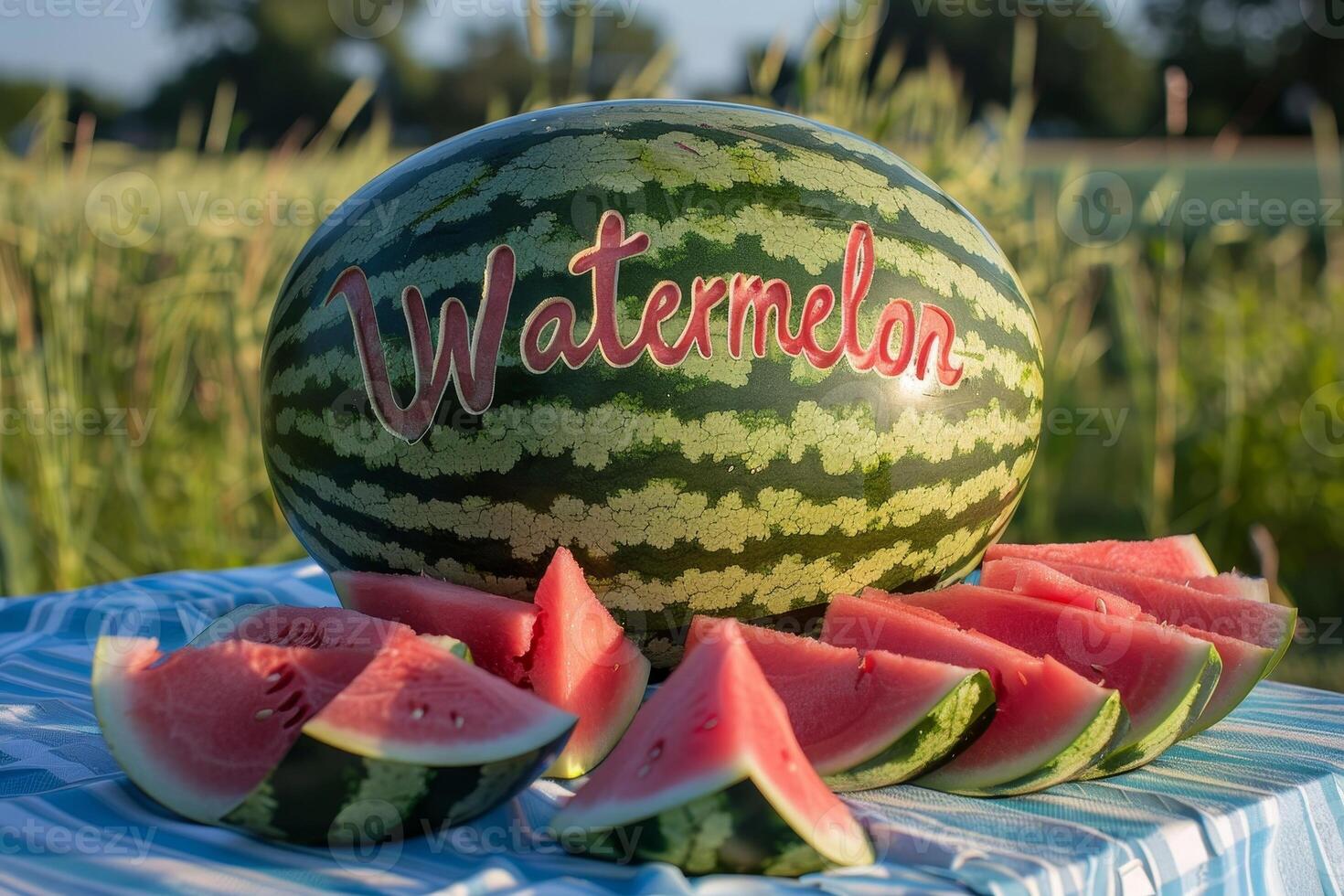 fresh watermelon slices on a picnic blanket photo