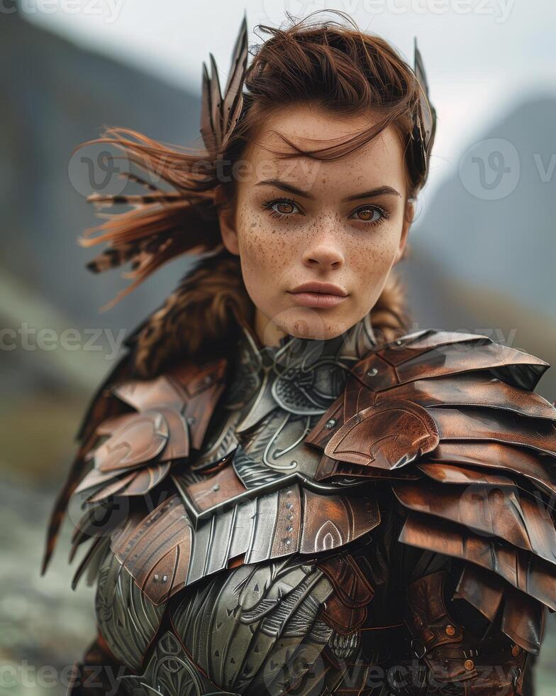 Fierce warrior with intricate armor and windblown hair photo