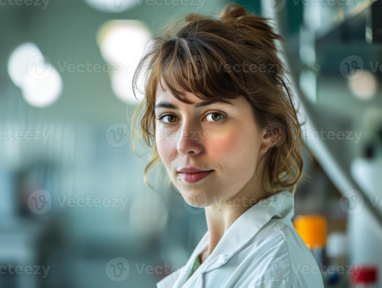 thoughtful woman with messy hair looking at camera photo