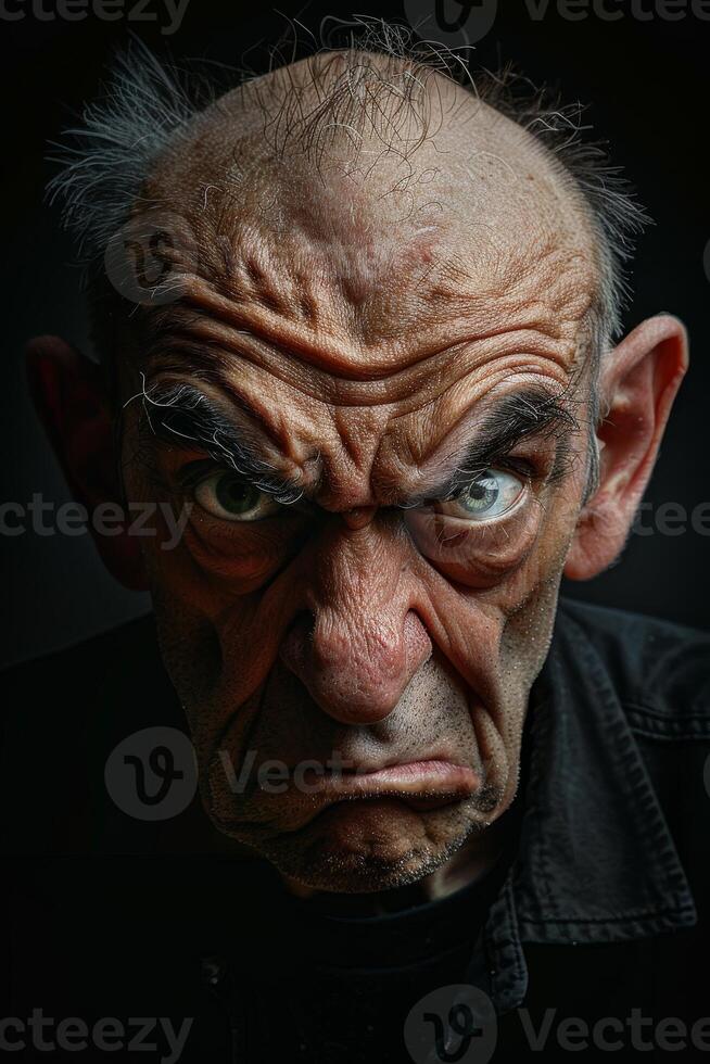 Intense close up portrait of an elderly man with wrinkled skin and intense gaze photo