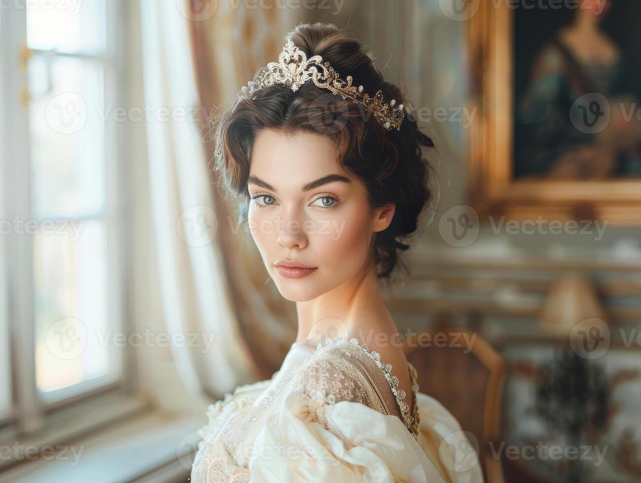 elegant bride in luxurious wedding dress and tiara photo