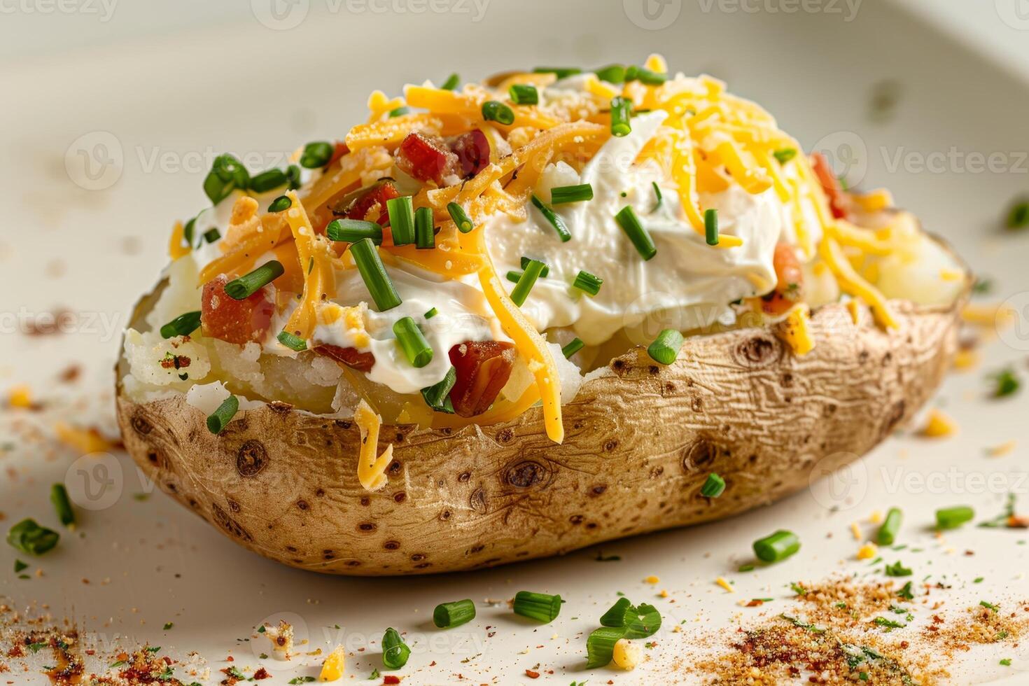 Baked potato with sour cream, cheese, and chives photo