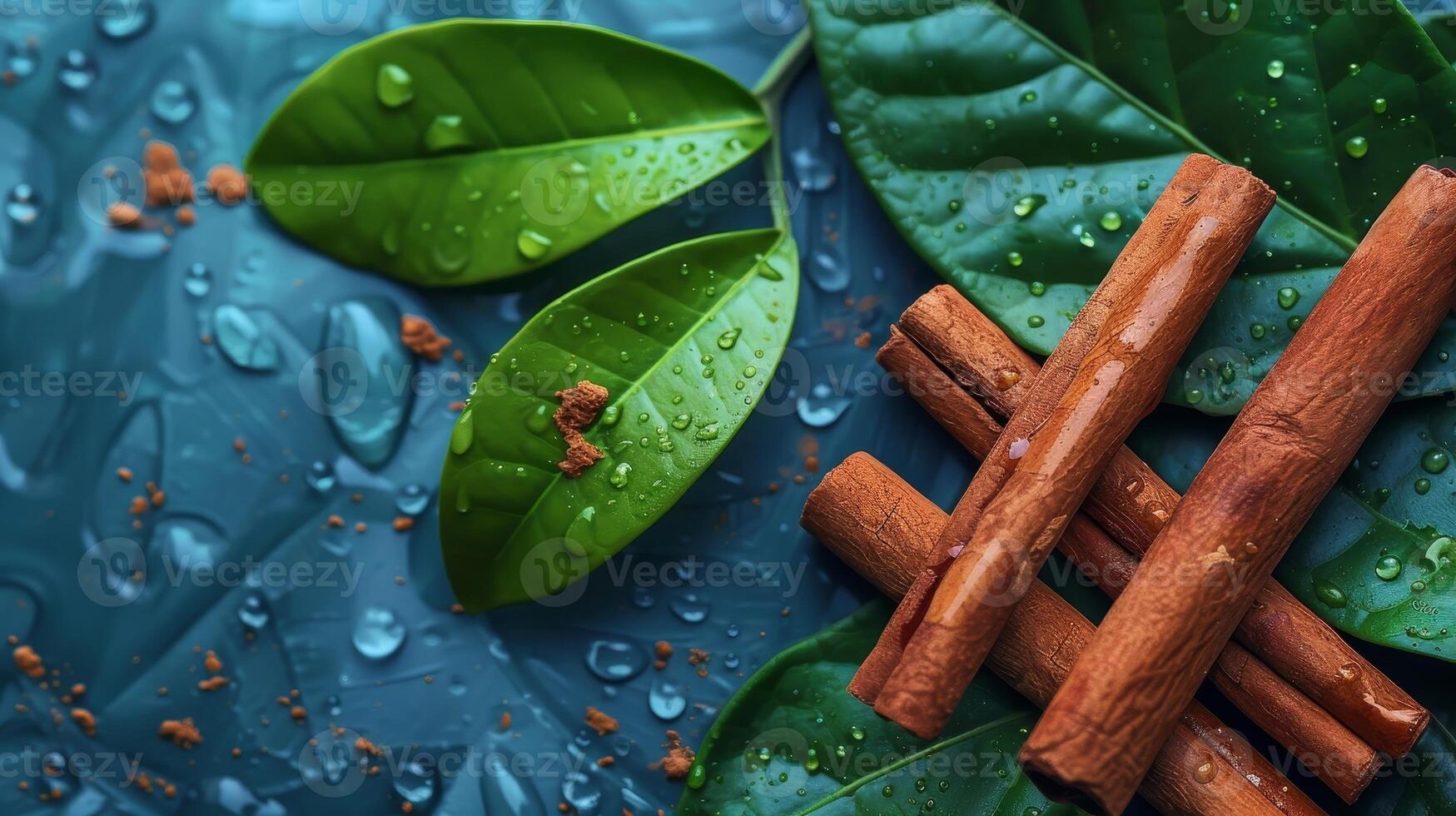 Wet green leaves and cinnamon sticks on a blue background photo