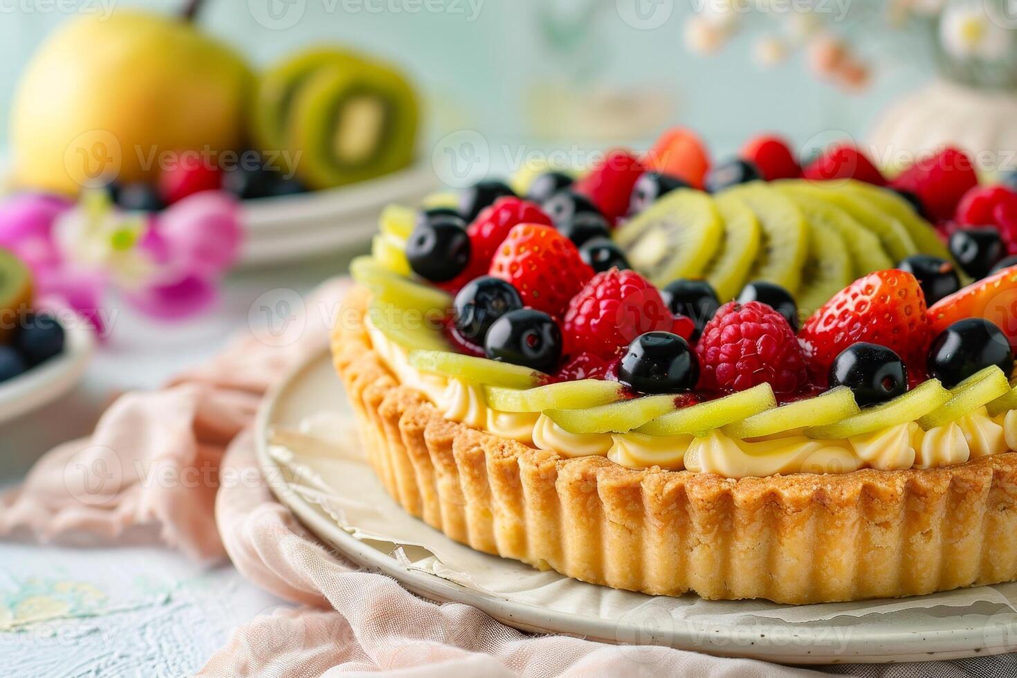 Delicious fruit tart with fresh berries and kiwi photo