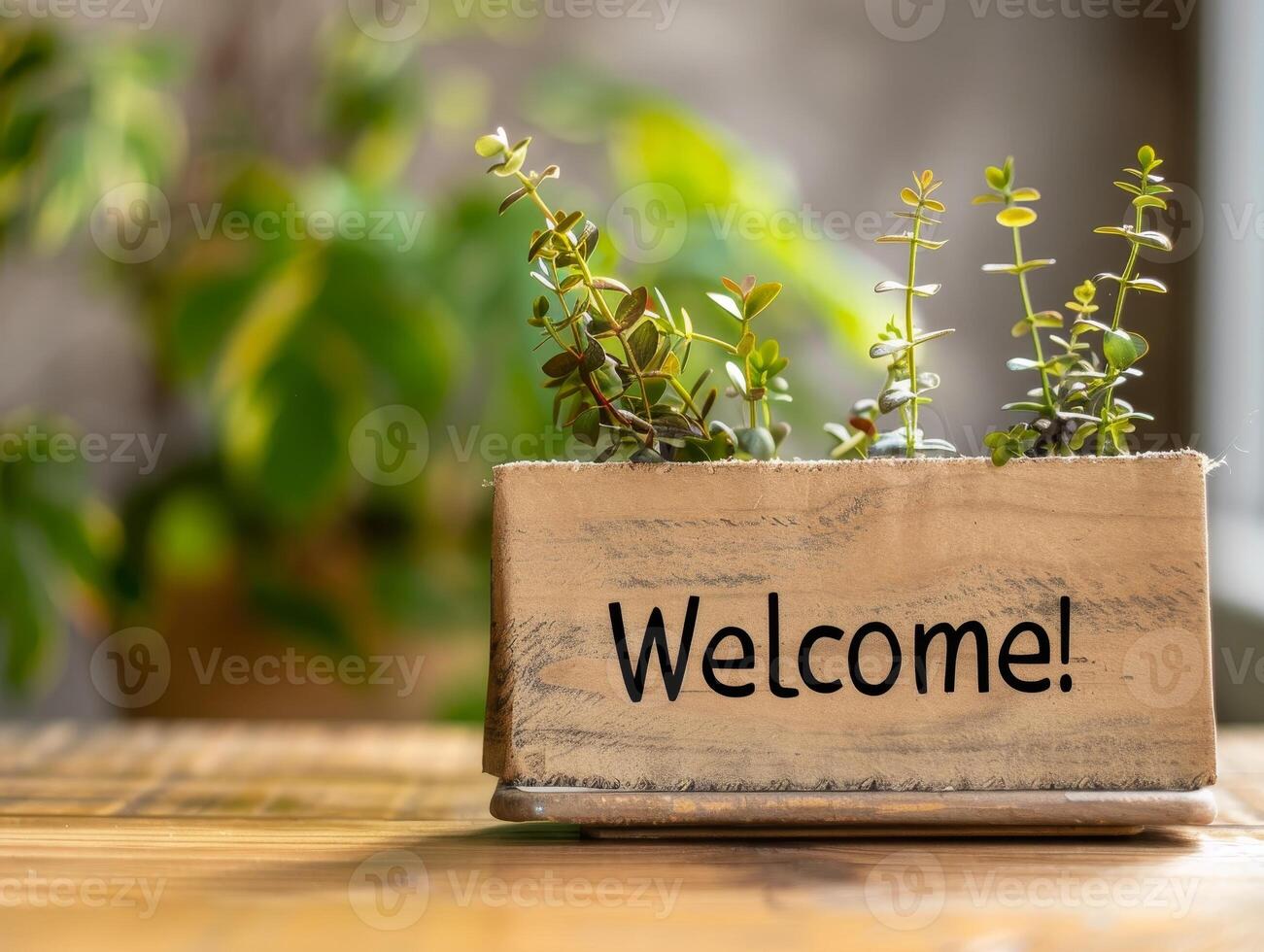 Welcome sign with potted plants photo