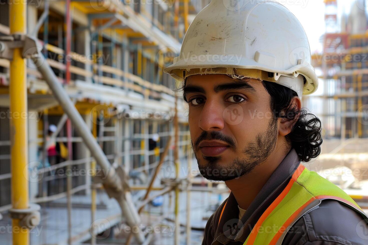 construction worker in hard hat on job site photo