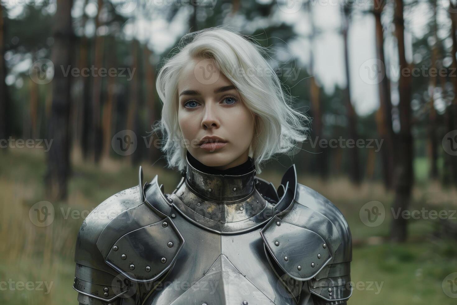 Warrior woman in armor standing in forest photo