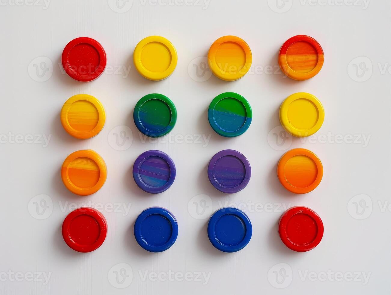 Colorful plastic lids in a grid photo