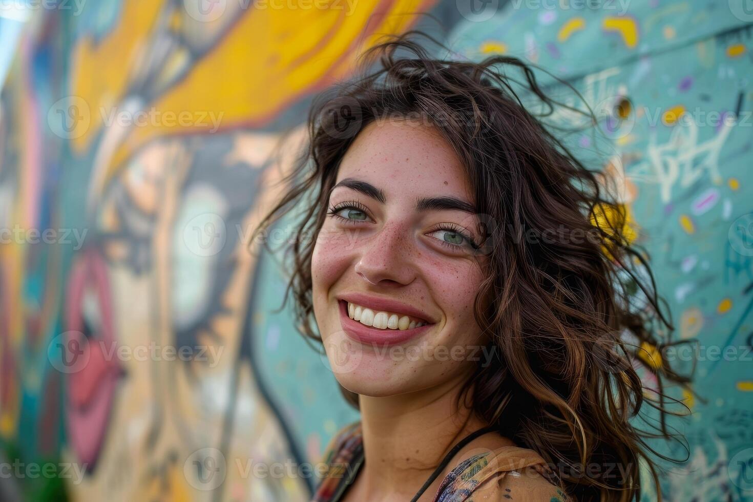 smiling young woman with curly hair in front of colorful graffiti wall photo
