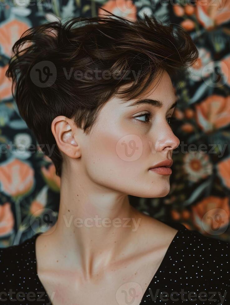 Thoughtful young woman with dark wavy hair photo