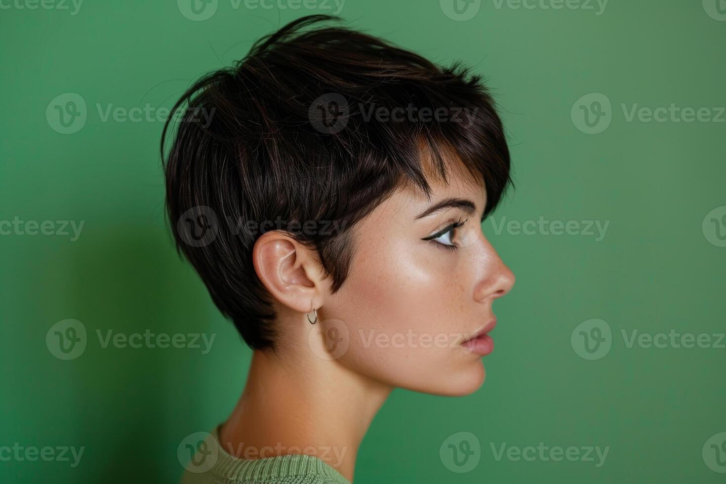Stylish woman with short dark hair against green background photo