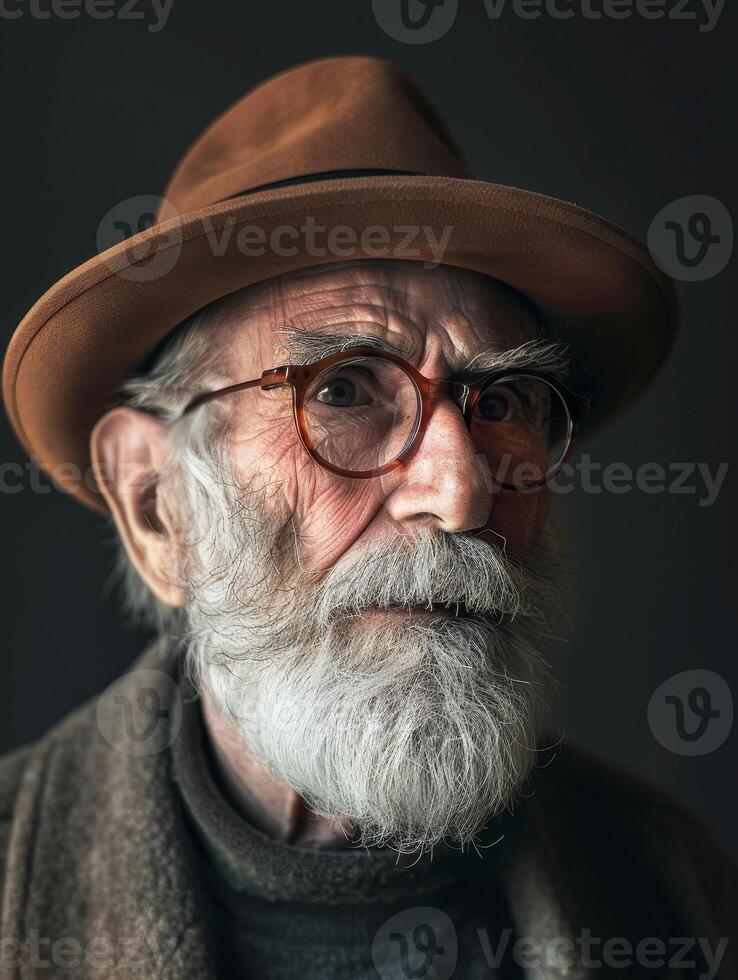 Thoughtful elderly man with beard and glasses photo