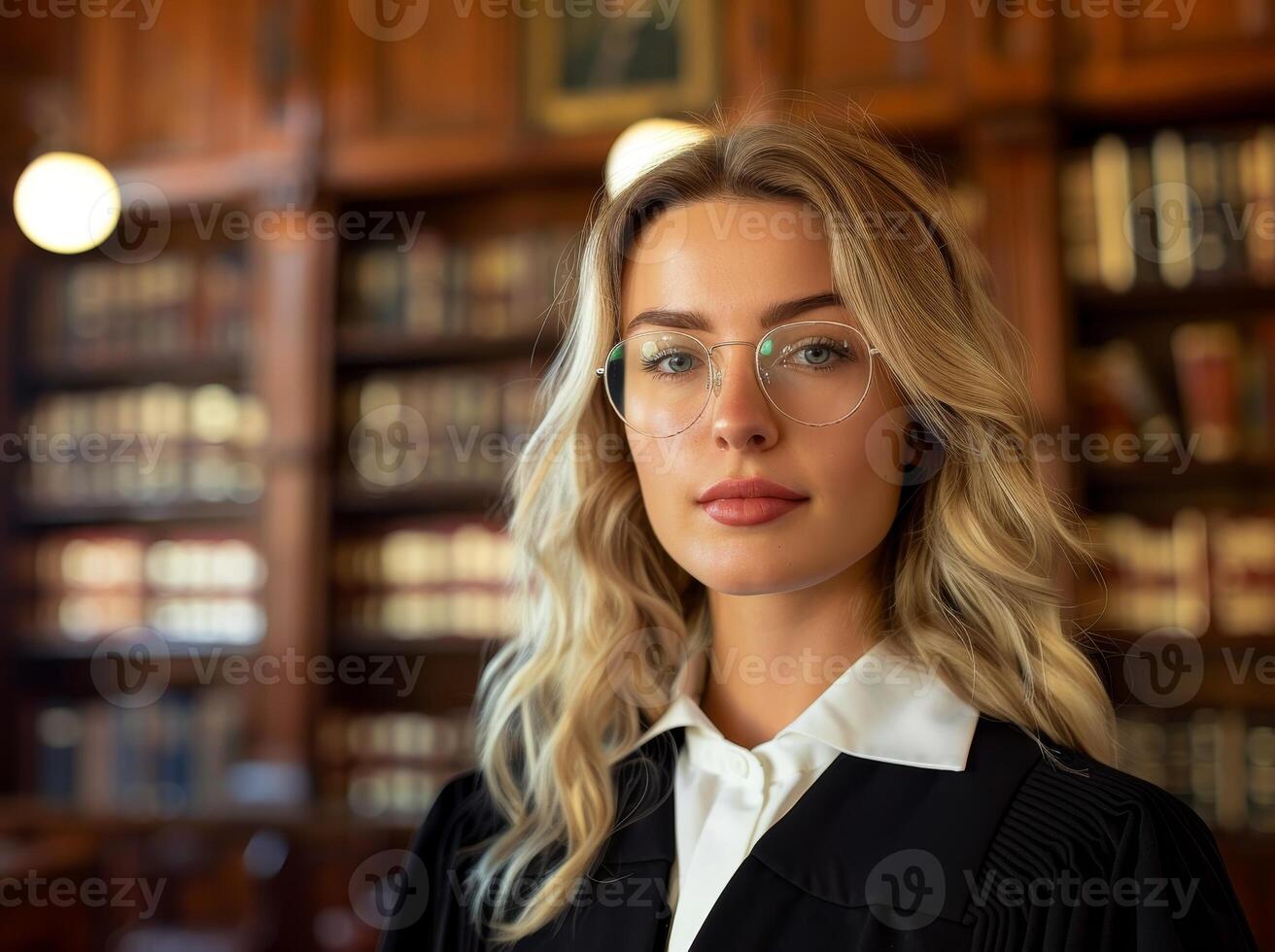Confident young professional woman in library photo