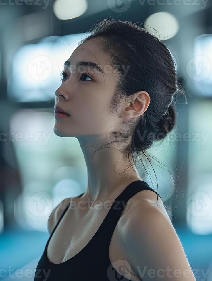 Thoughtful young woman in black tank top photo
