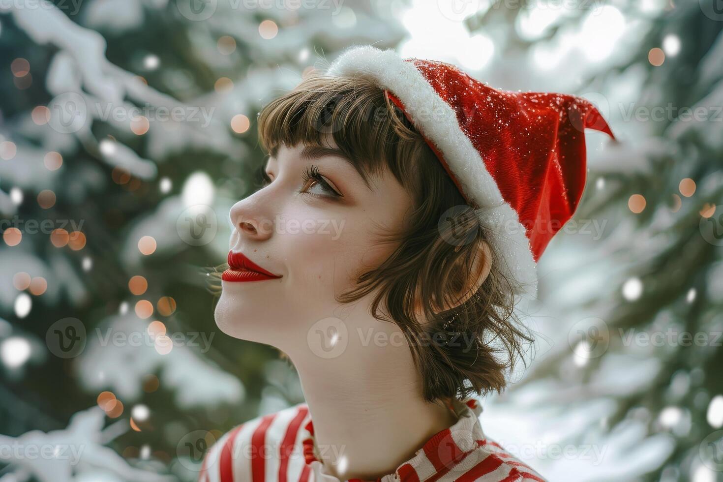 Festive winter portrait of a smiling young woman in a santa hat photo
