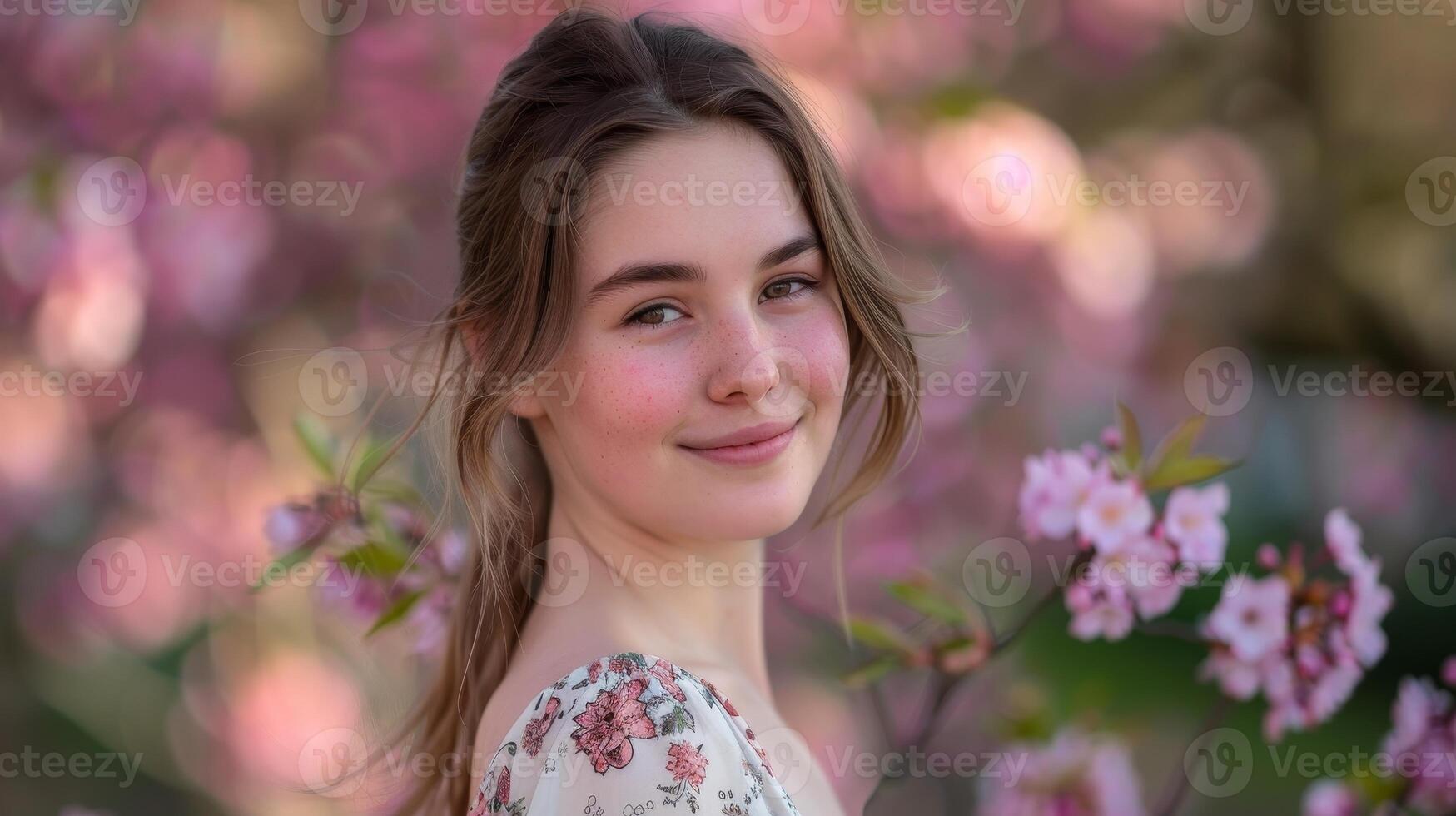 young woman in floral dress smiling in garden photo