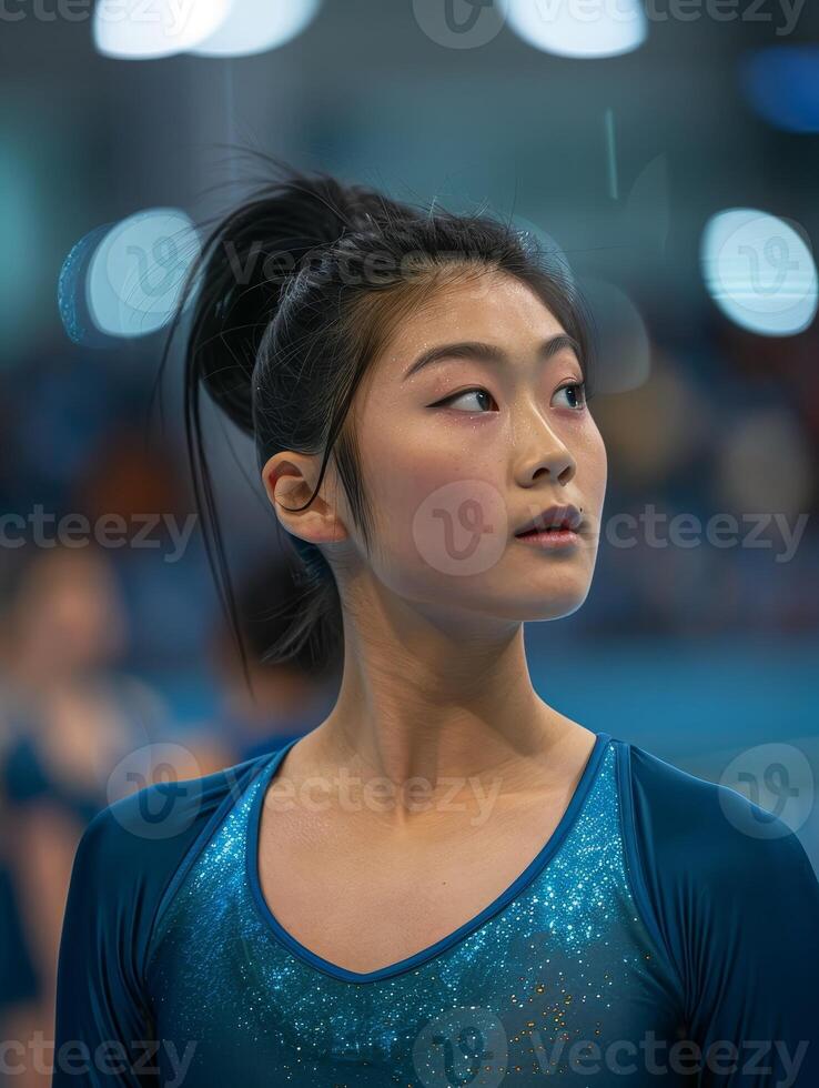 Focused female gymnast in blue leotard photo