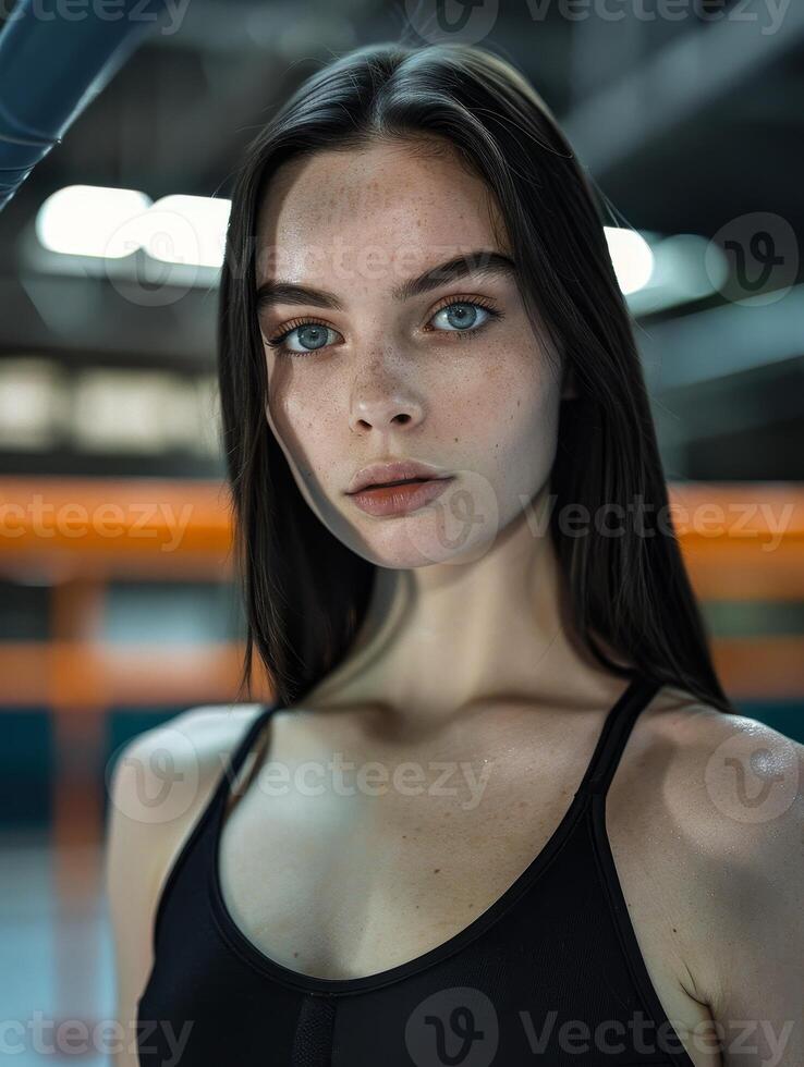 Thoughtful young woman with dark hair and blue eyes photo