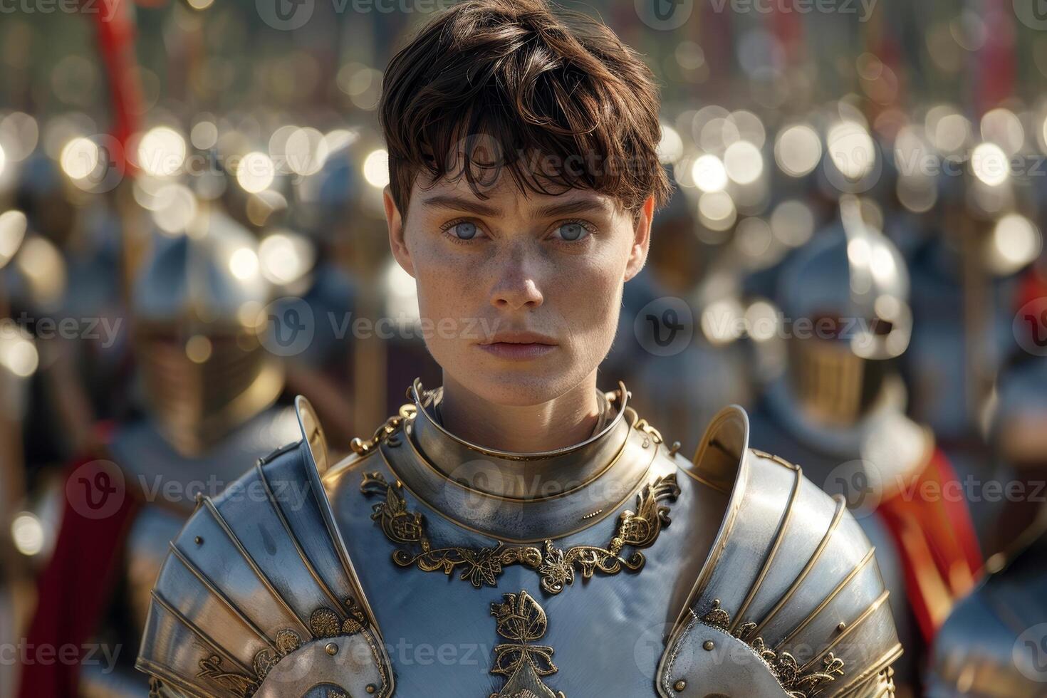 Warrior in ornate armor standing in front of lights photo