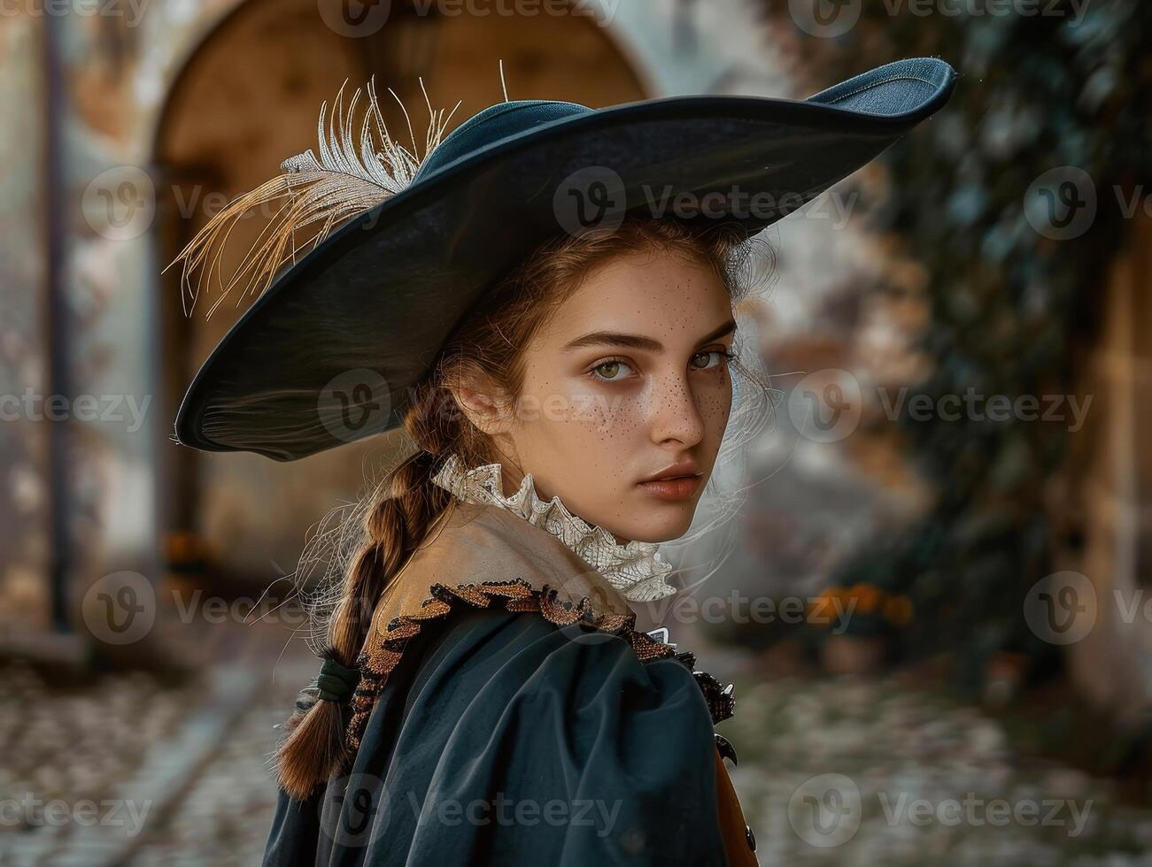 Elegant woman in historical costume and hat photo