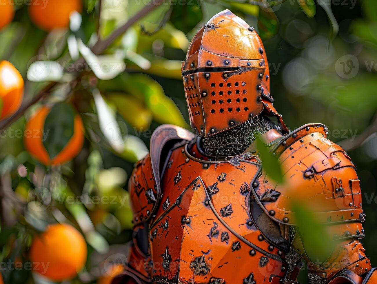 Ornate medieval knight armor in vibrant orange color photo