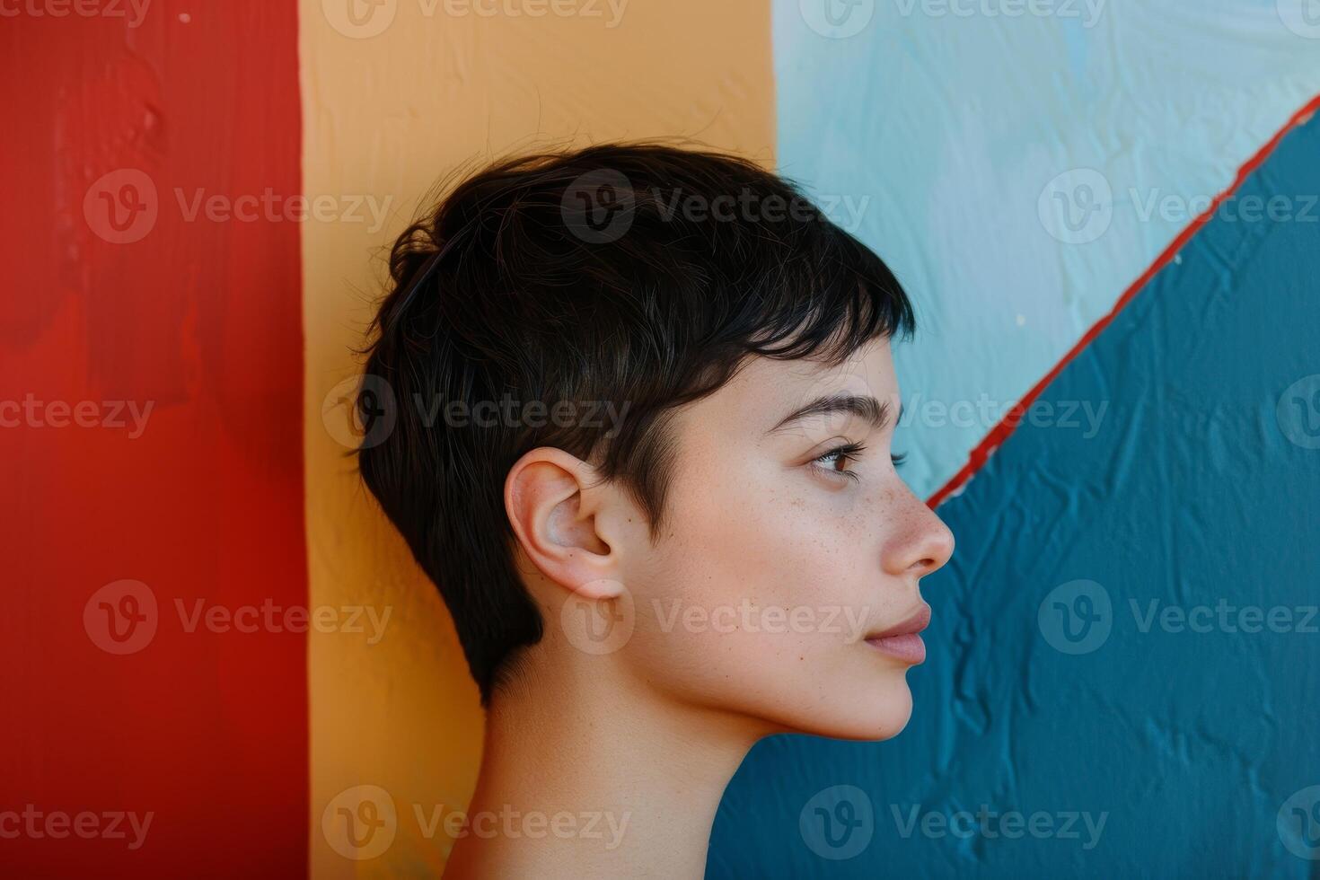 profile of a young person with dark hair against colorful background photo