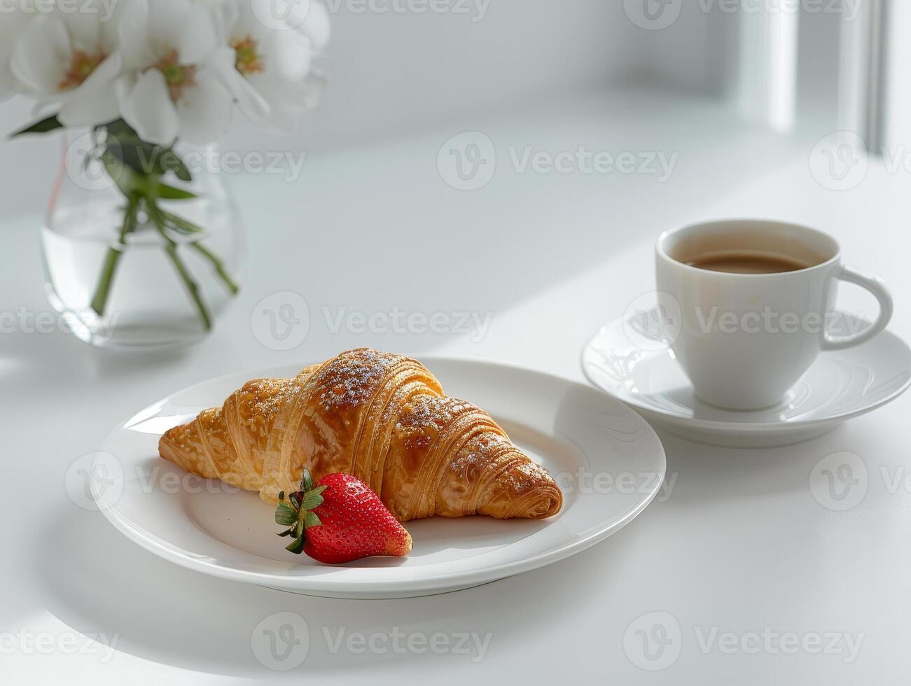 Delicious croissant and coffee on a white table photo