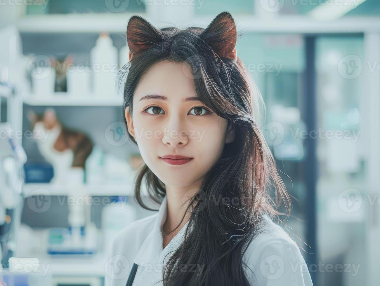 young asian woman with cat ear headband in modern office photo
