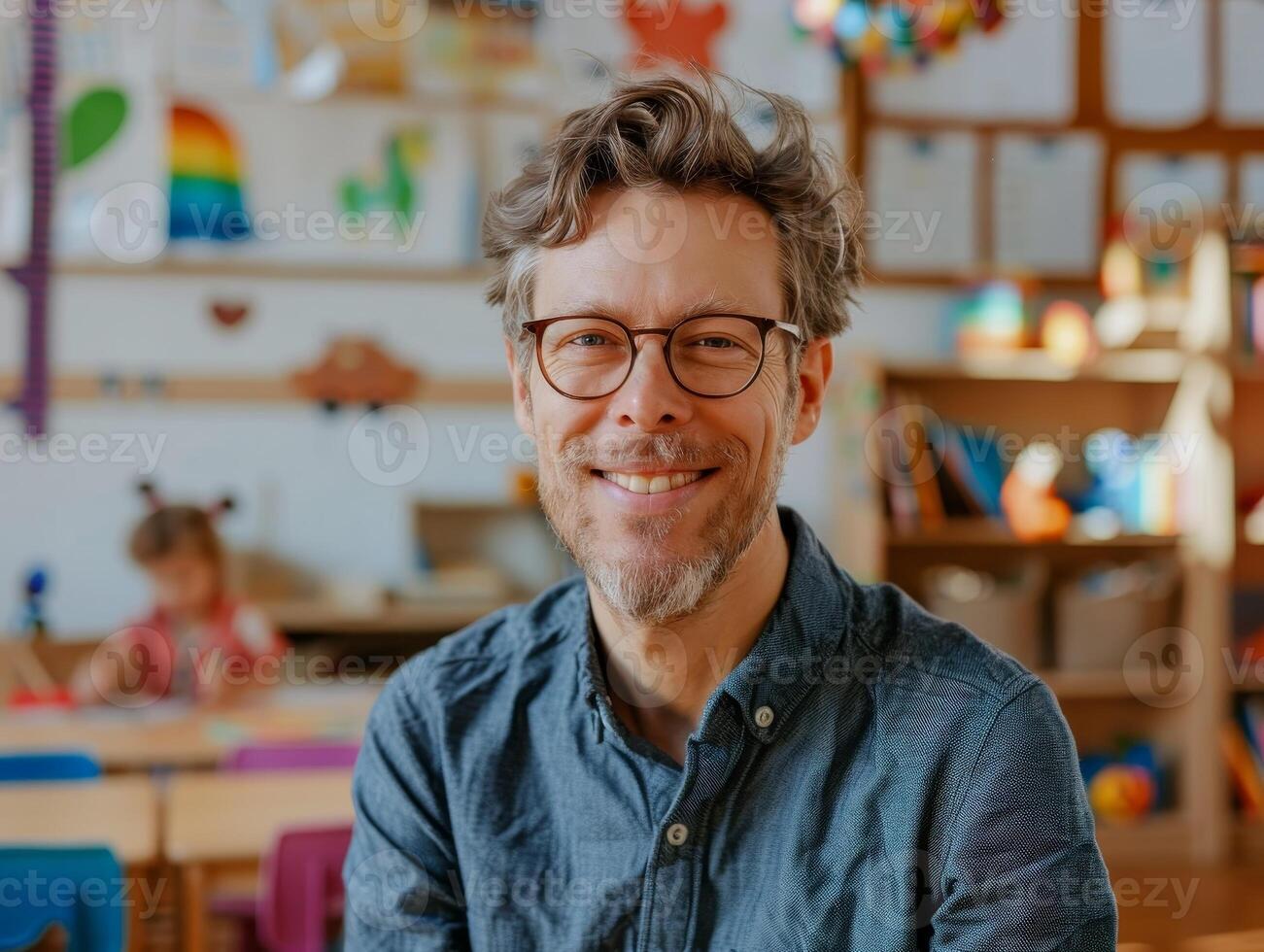 smiling man in glasses in colorful classroom photo