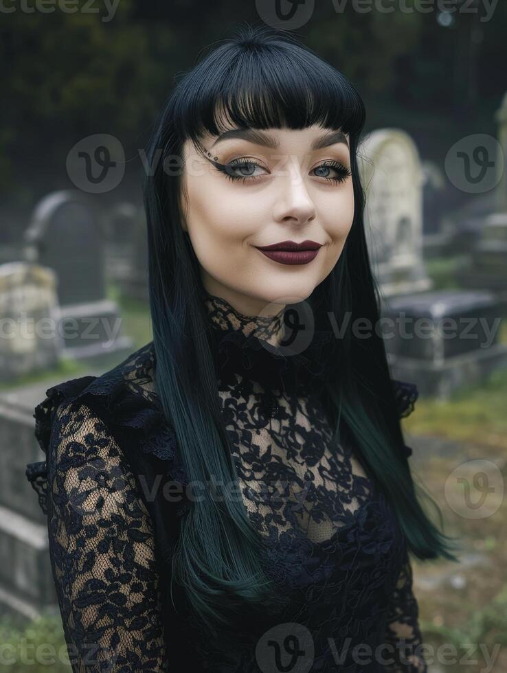 gothic woman with dark makeup and hair posing in a cemetery photo
