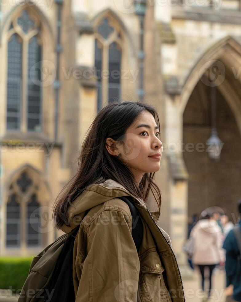 woman in beige jacket standing in front of old building photo