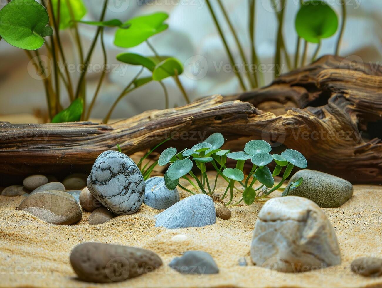 Peaceful nature scene with rocks, plants, and driftwood photo