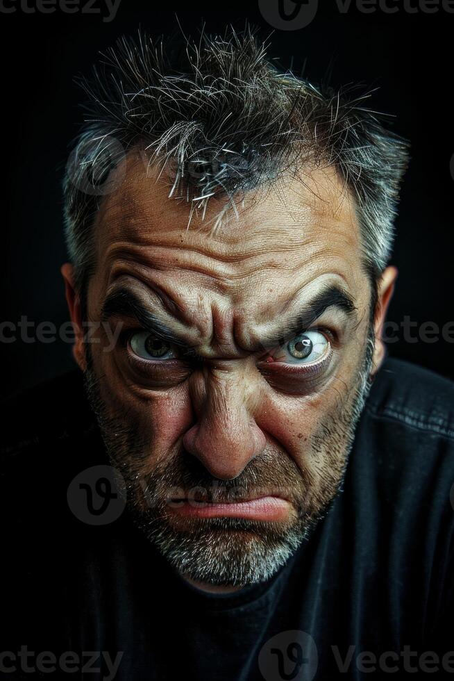 Intense close up portrait of a gruff looking man with a stern expression photo