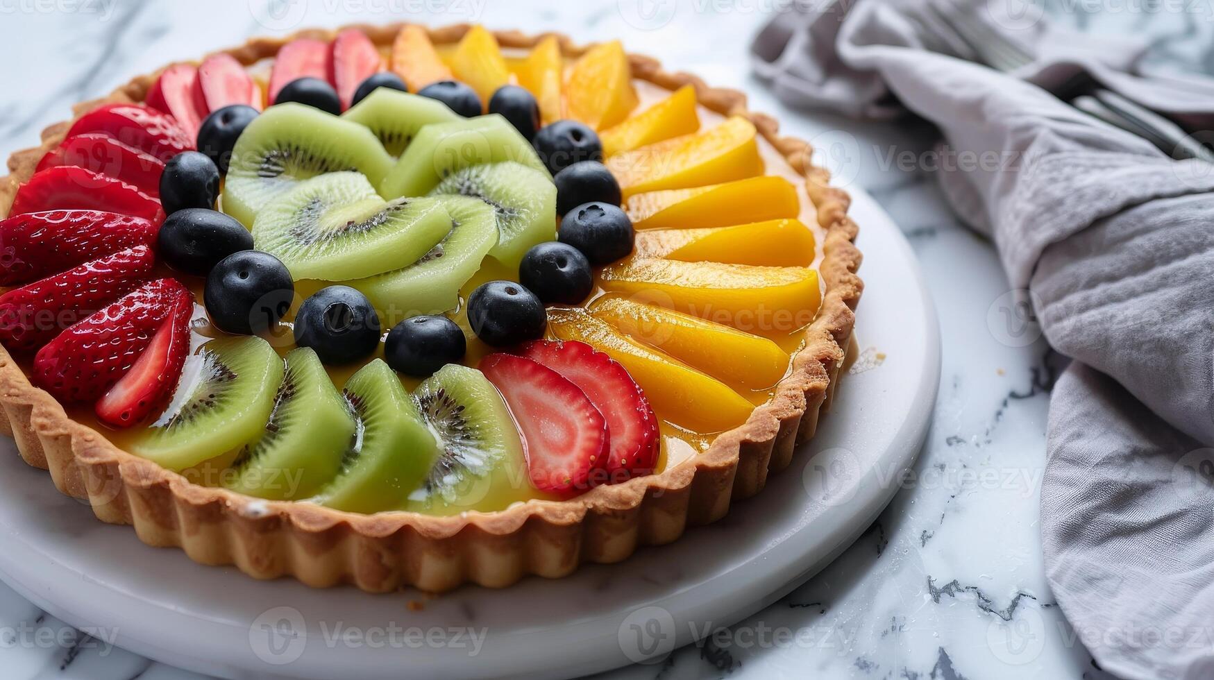 Delicious fruit tart with fresh berries and citrus slices photo