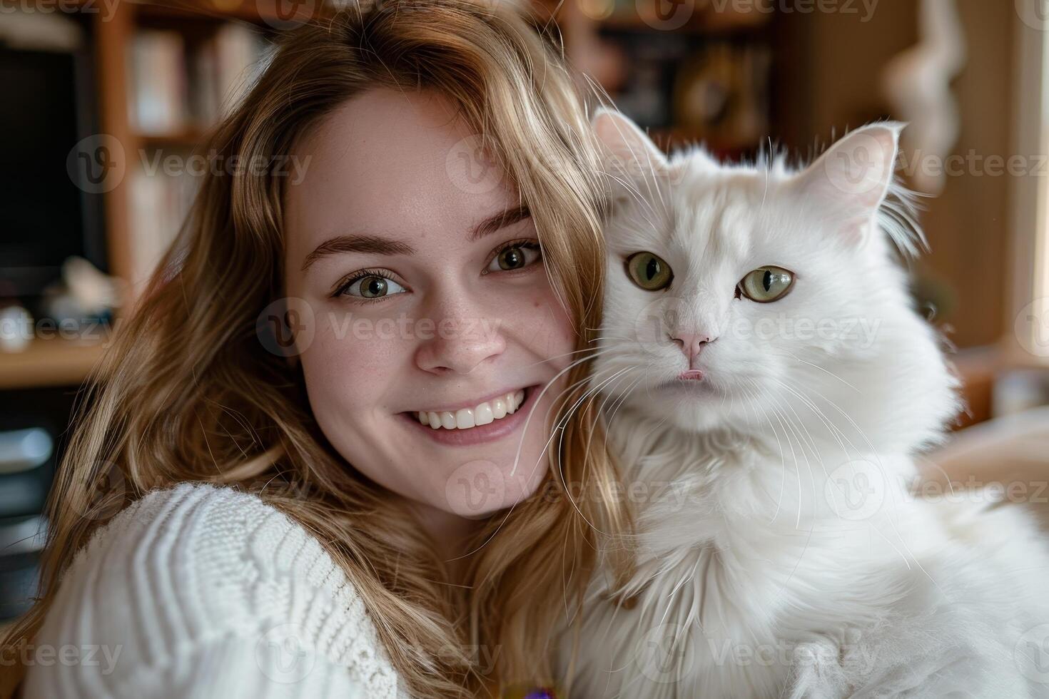 smiling woman with white cat photo