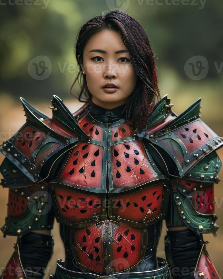 Futuristic warrior woman in striking armor photo