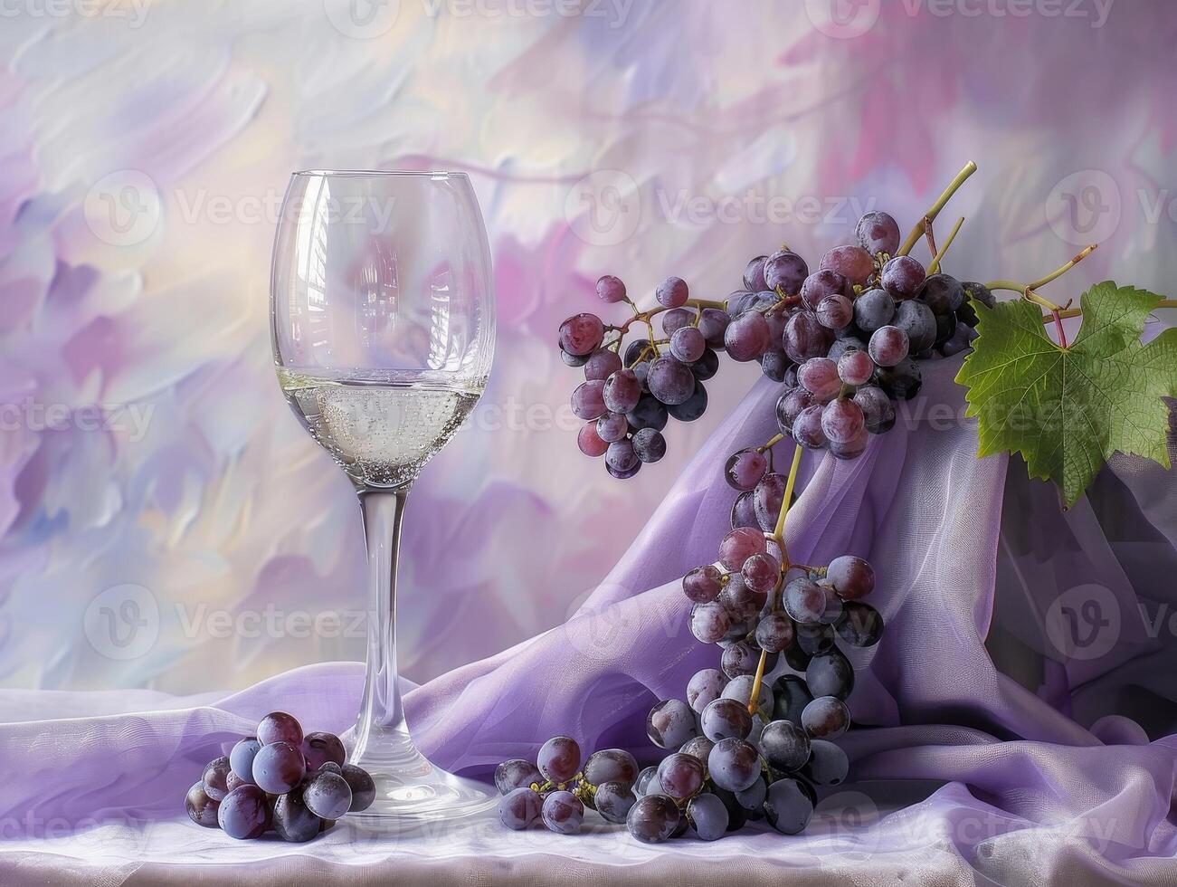 glass of white wine with fresh grapes on purple fabric photo