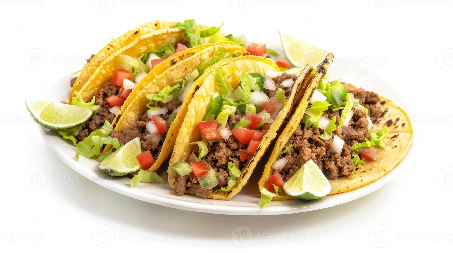 Delicious Mexican tacos with ground beef, lettuce, tomatoes, and lime wedges photo