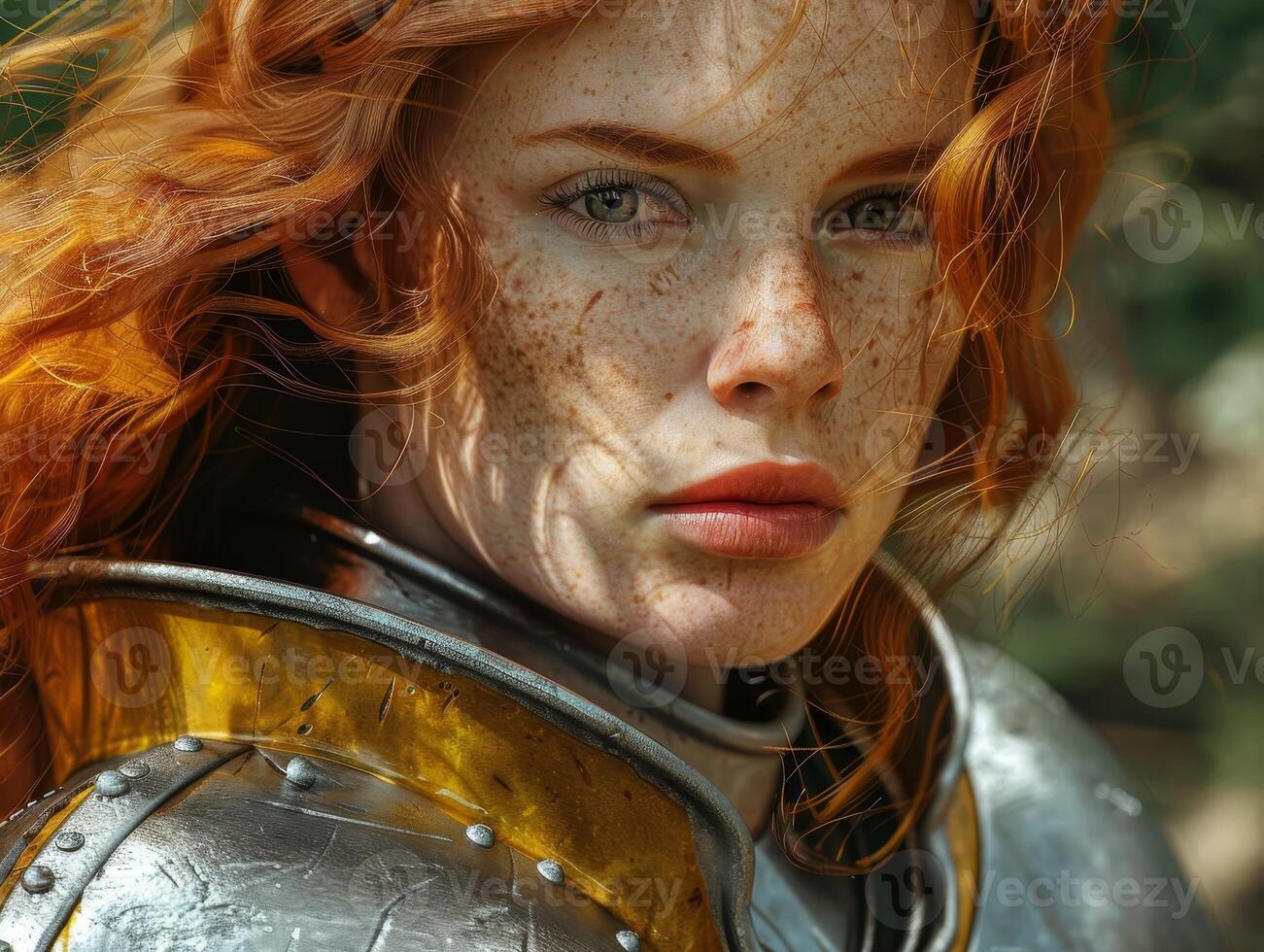 Fierce warrior with fiery red hair and freckles photo