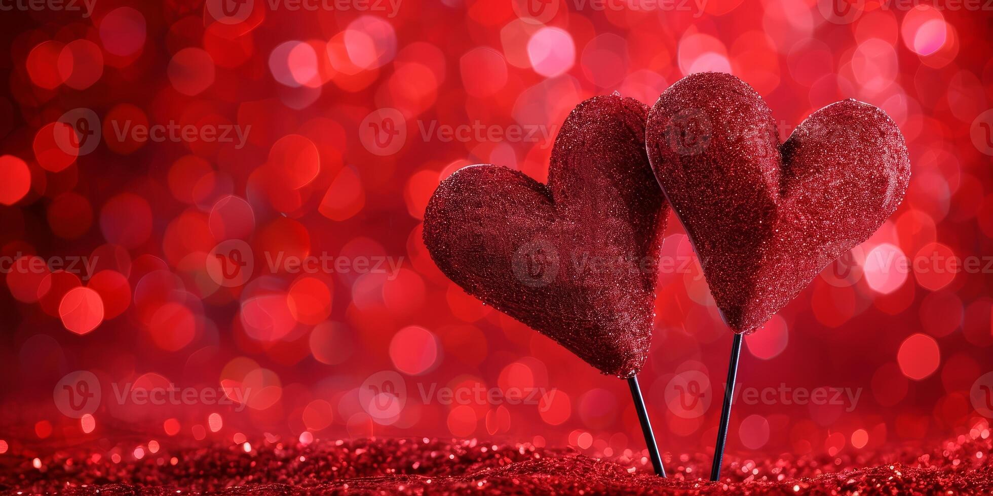Sparkling red hearts on a glittering background photo