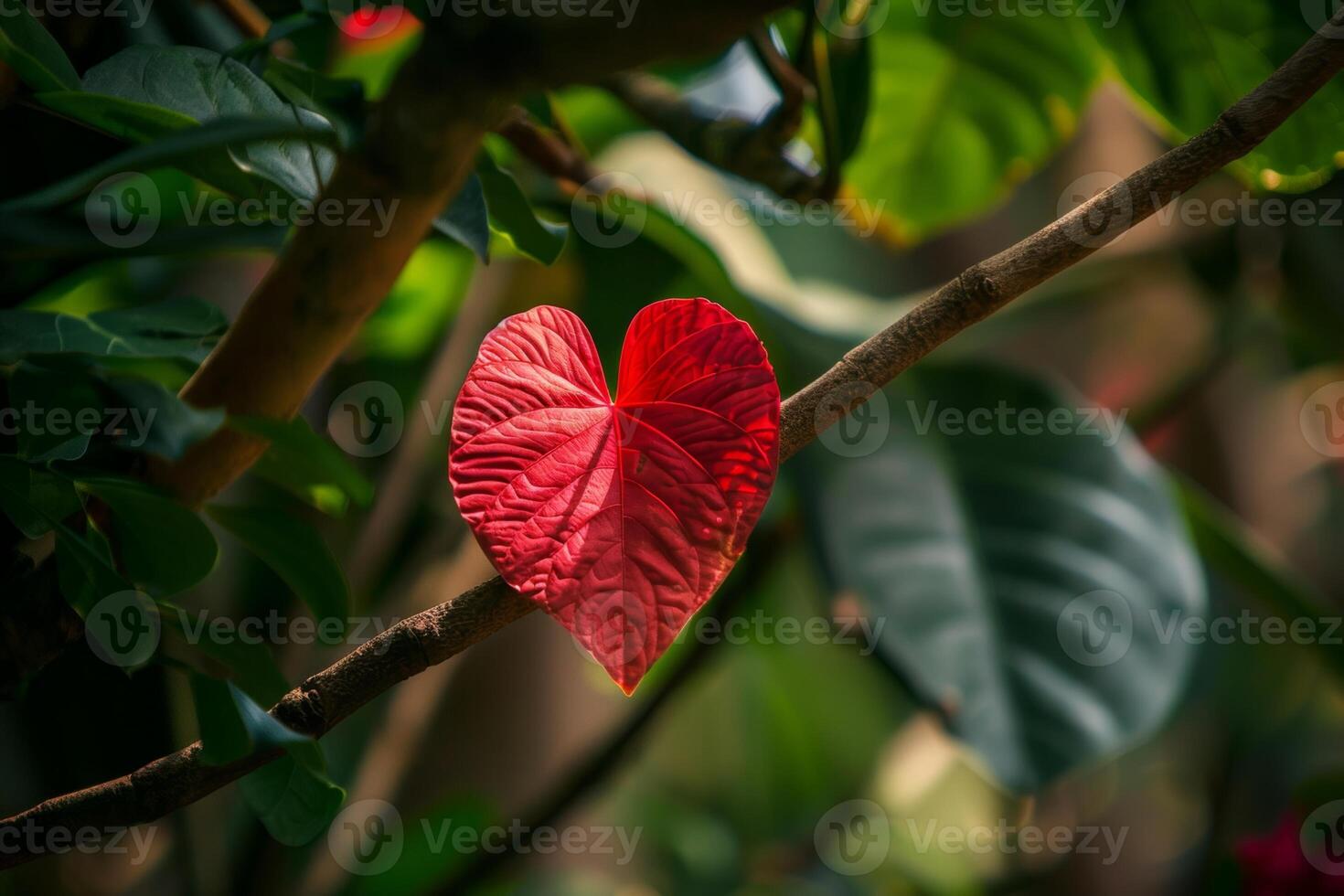 Vibrant red heart shaped leaf in lush green foliage photo