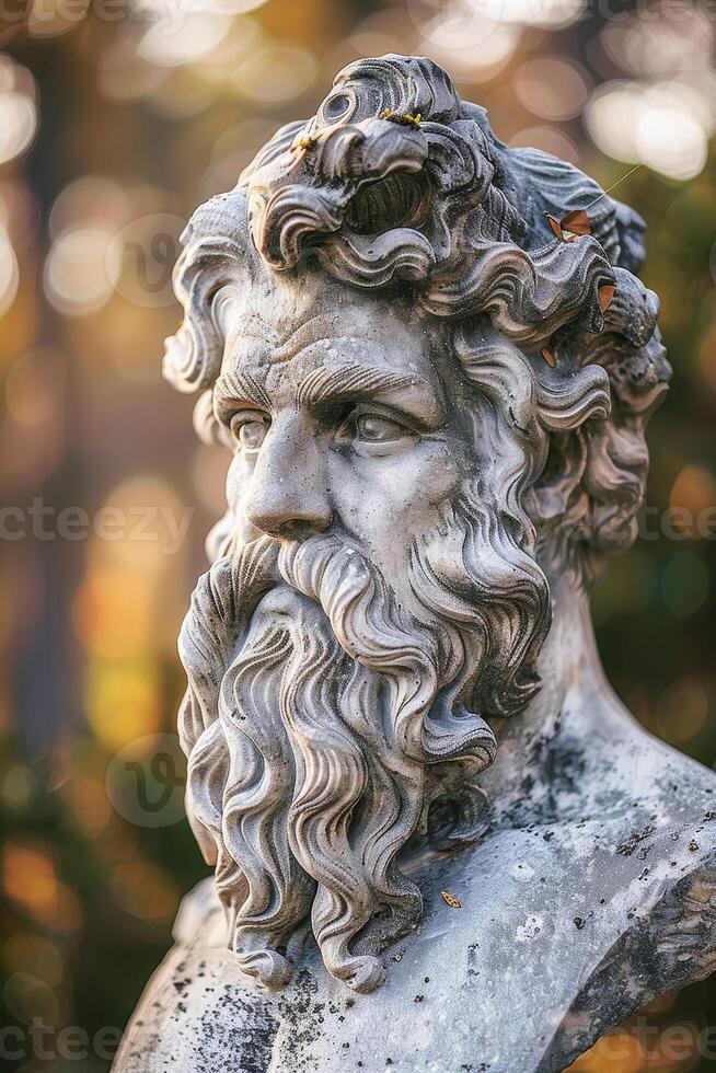 Weathered stone statue with intricate details photo