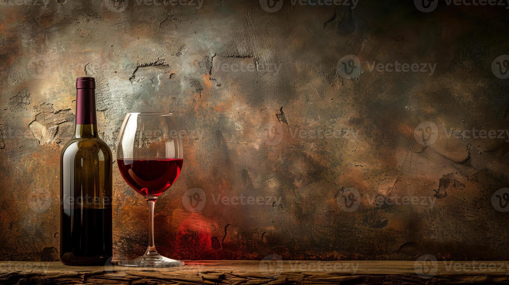 red wine bottle and glass on rustic wooden table photo