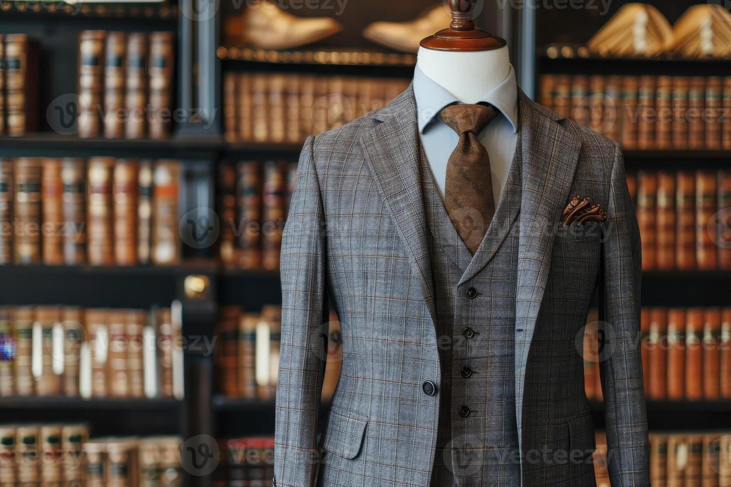 Elegant mens suit on display in a library photo