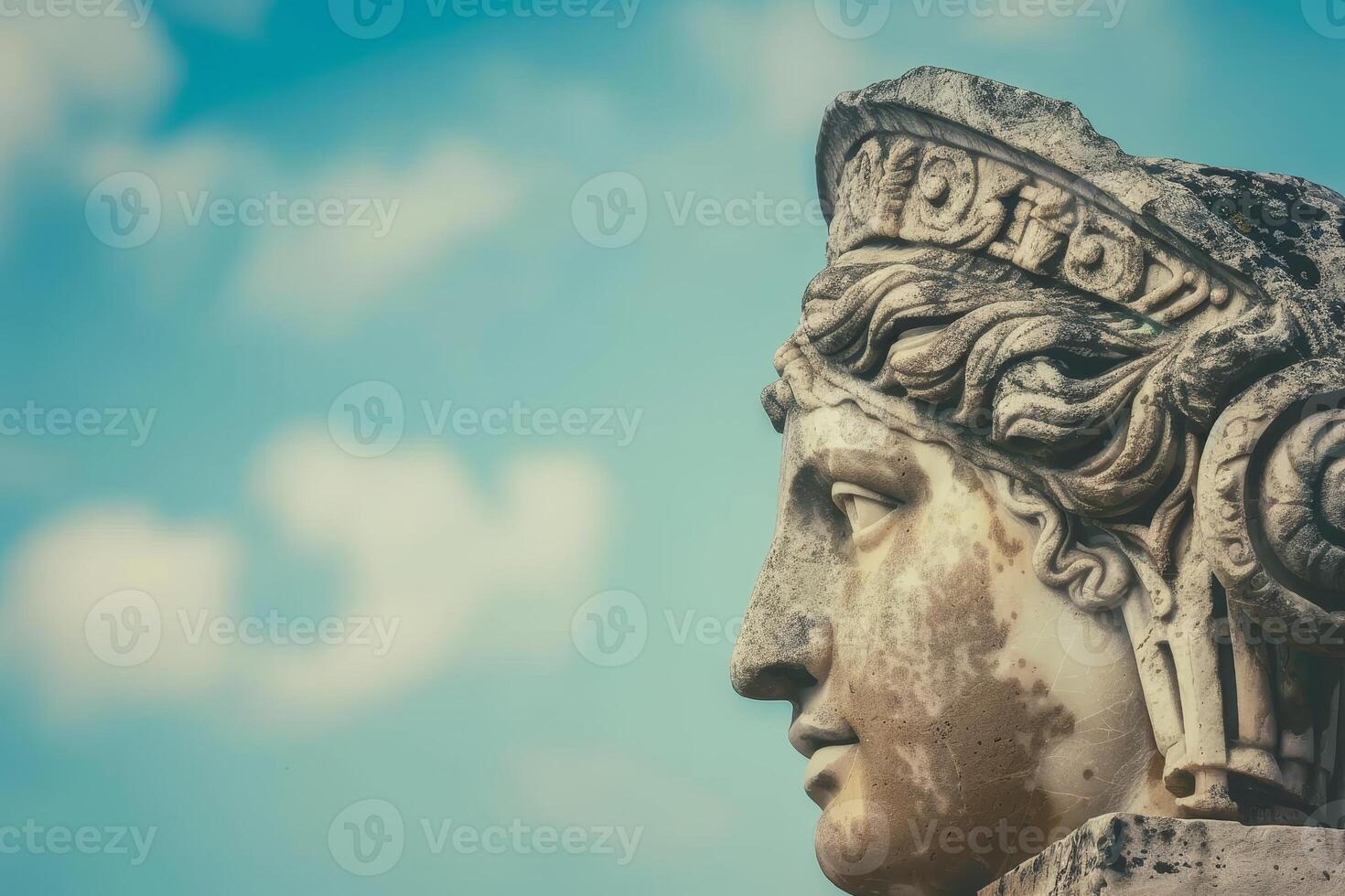 ancient greek statue profile against blue sky photo