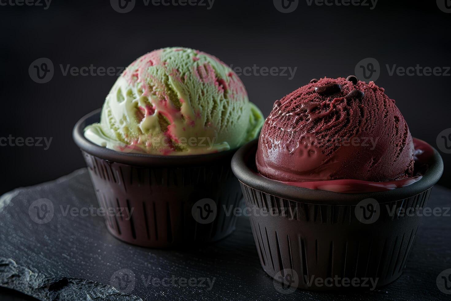 Delicious ice cream scoops in cups photo