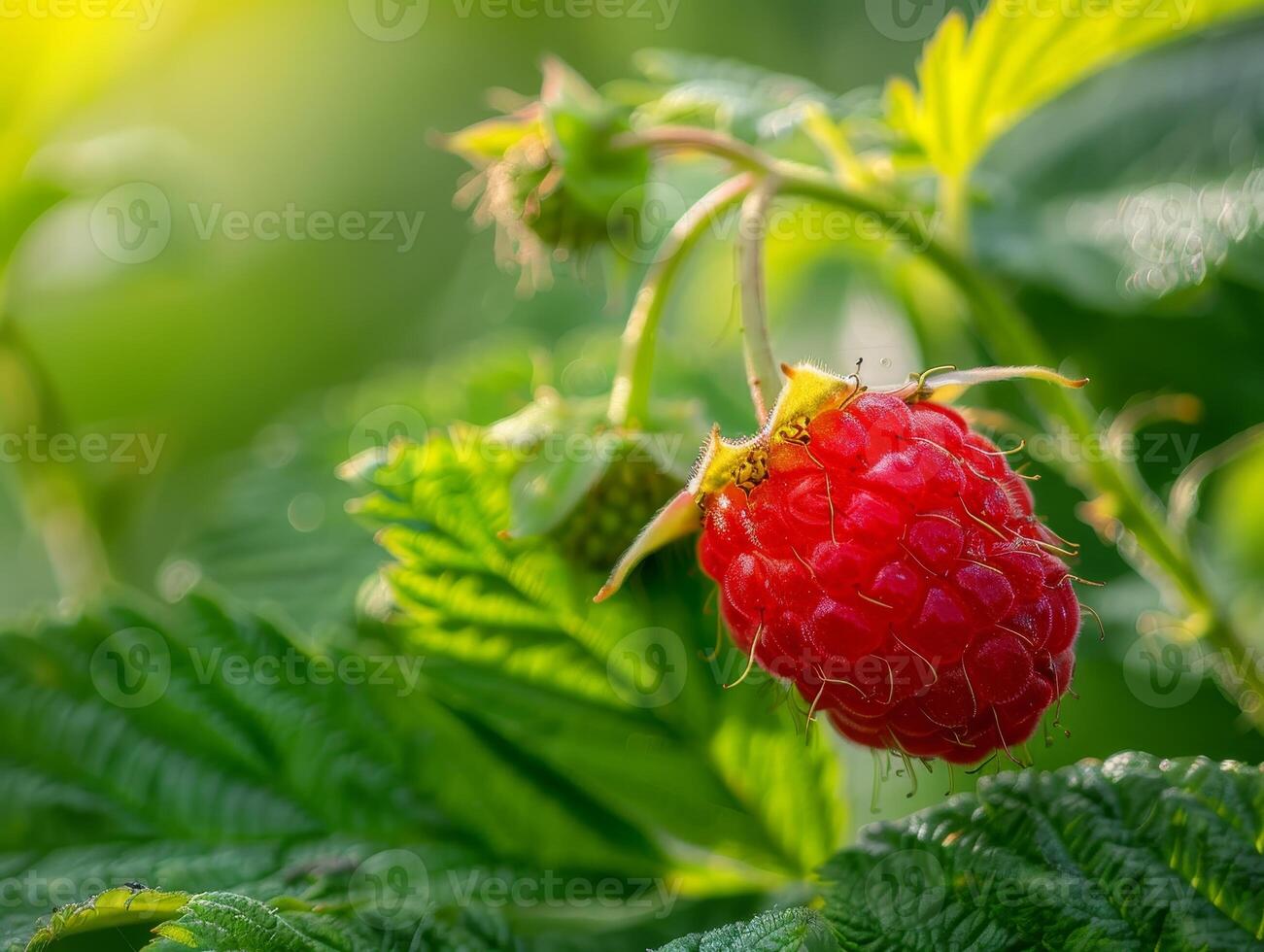 Vibrant red raspberry growing in a lush green garden photo