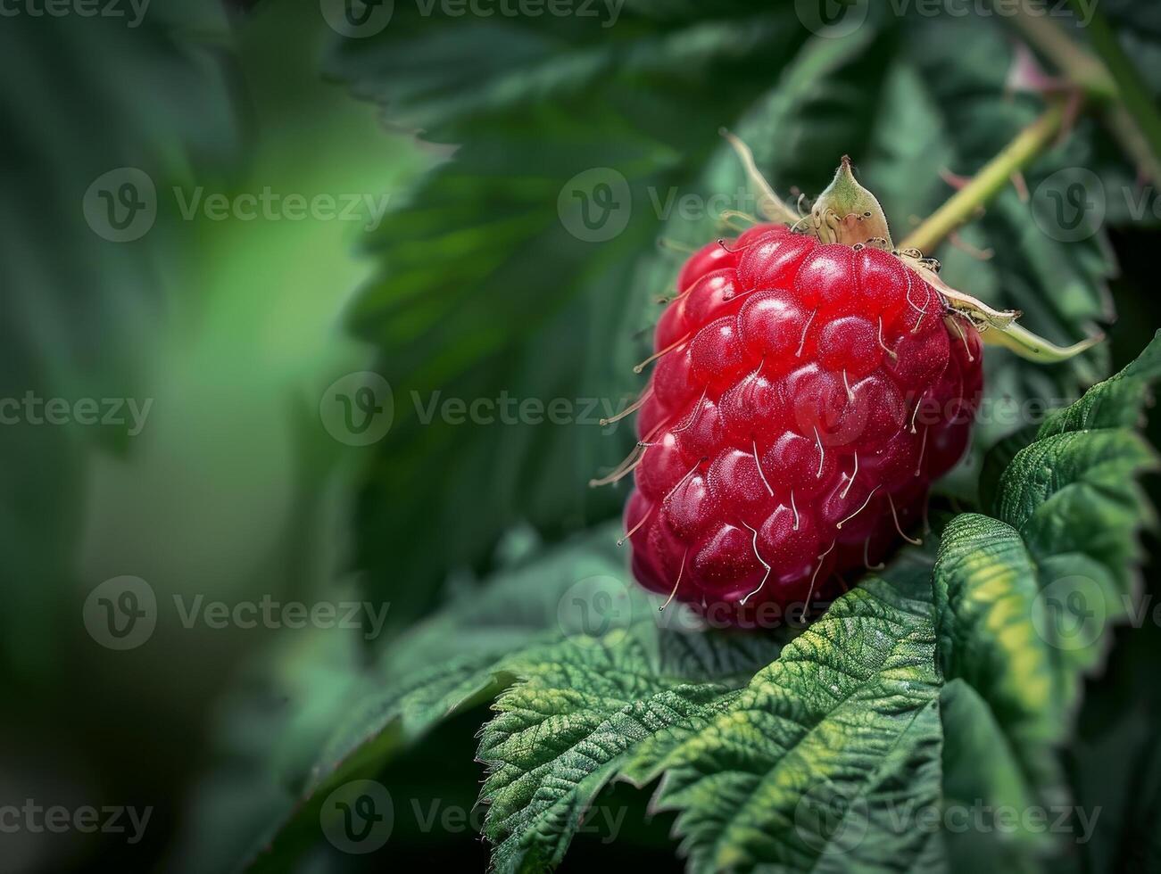 Ripe red raspberry growing on plant photo